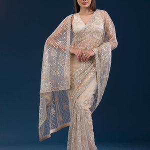 Beige Sequins Net Saree