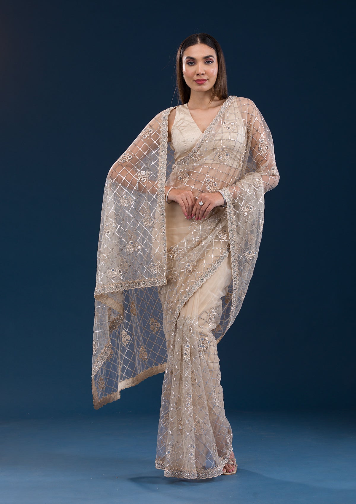 Beige Sequins Net Saree