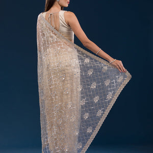 Beige Sequins Net Saree