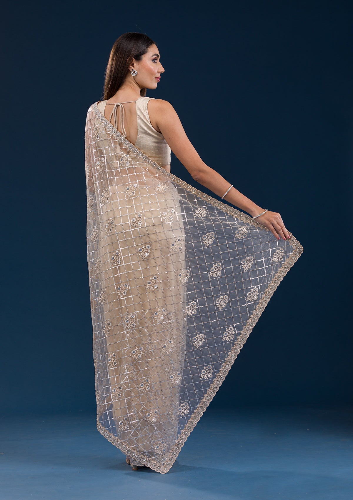 Beige Sequins Net Saree
