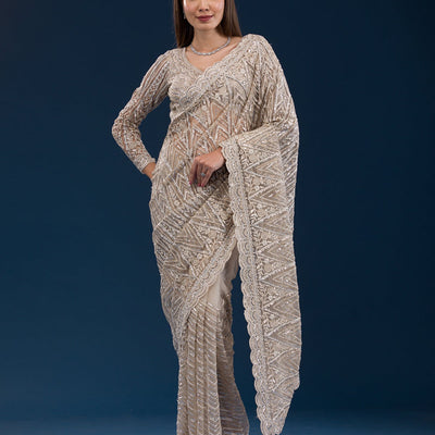 Beige Sequins Net Saree