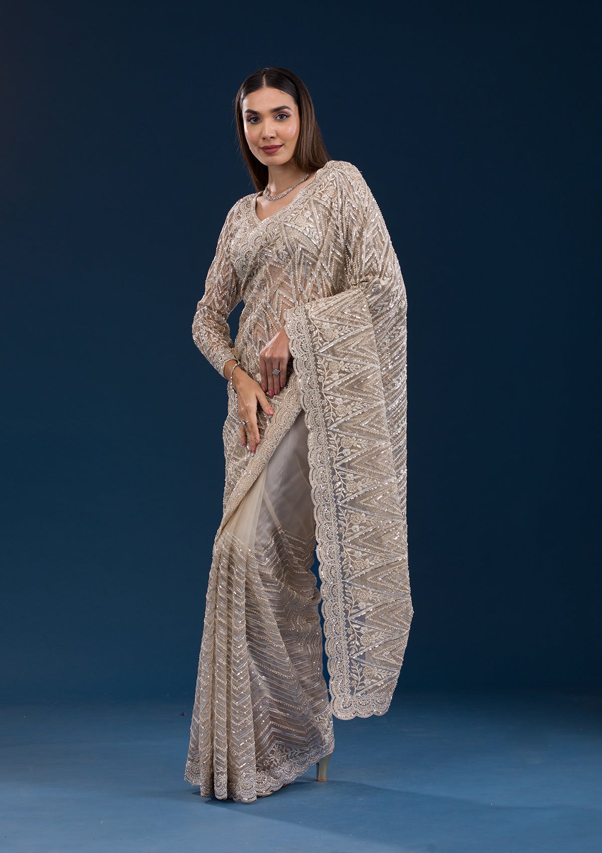 Beige Sequins Net Saree