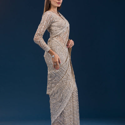 Beige Sequins Net Saree
