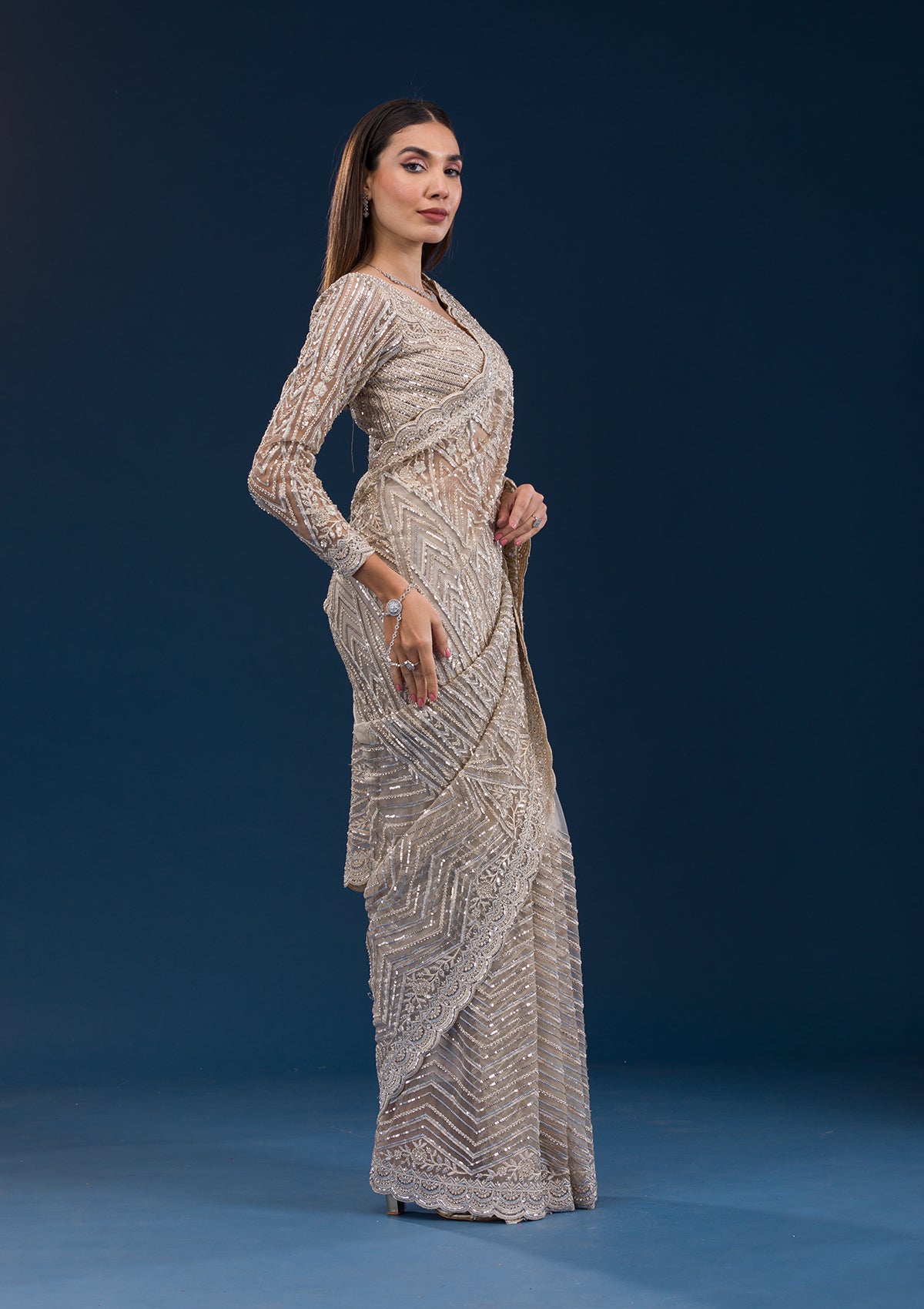 Beige Sequins Net Saree