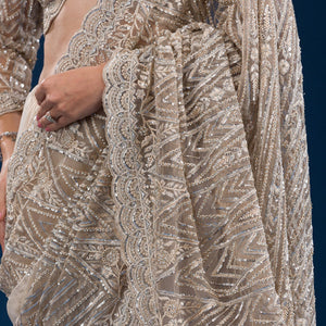 Beige Sequins Net Saree
