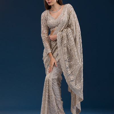Beige Sequins Net Saree