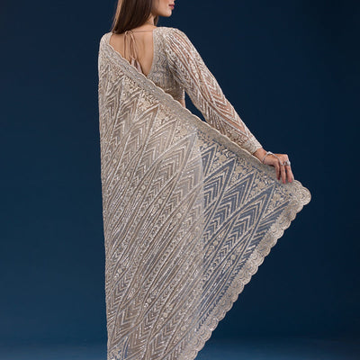 Beige Sequins Net Saree