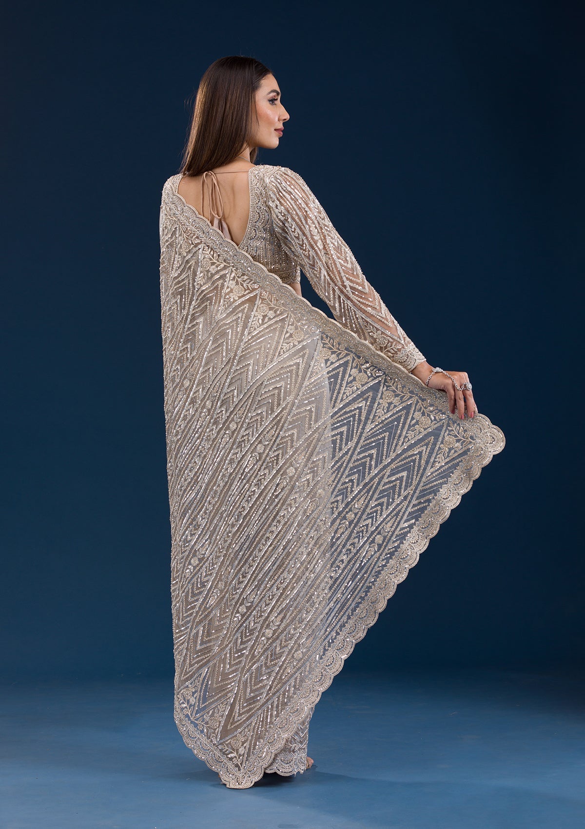 Beige Sequins Net Saree