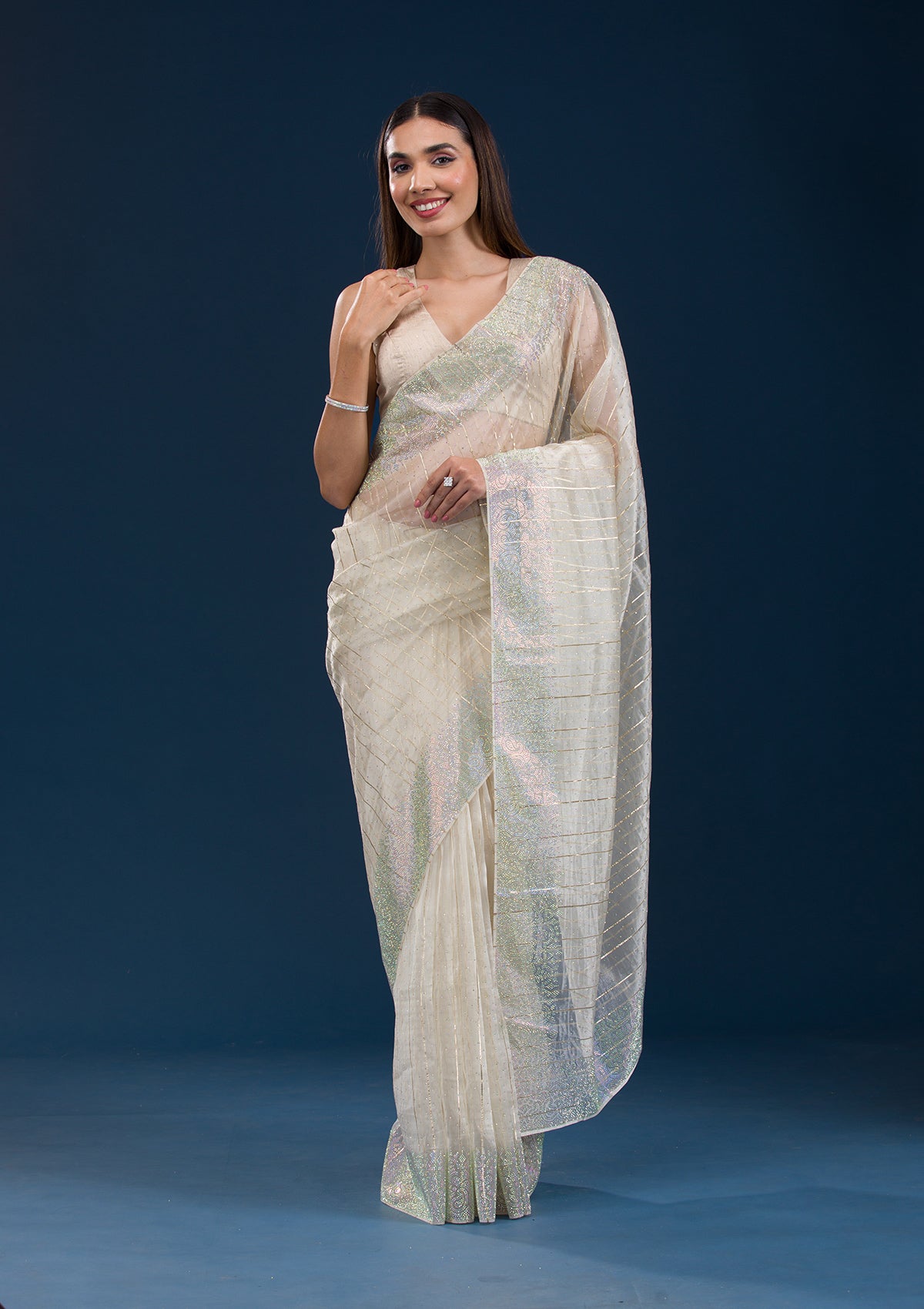 Beige Stonework Tissue Saree