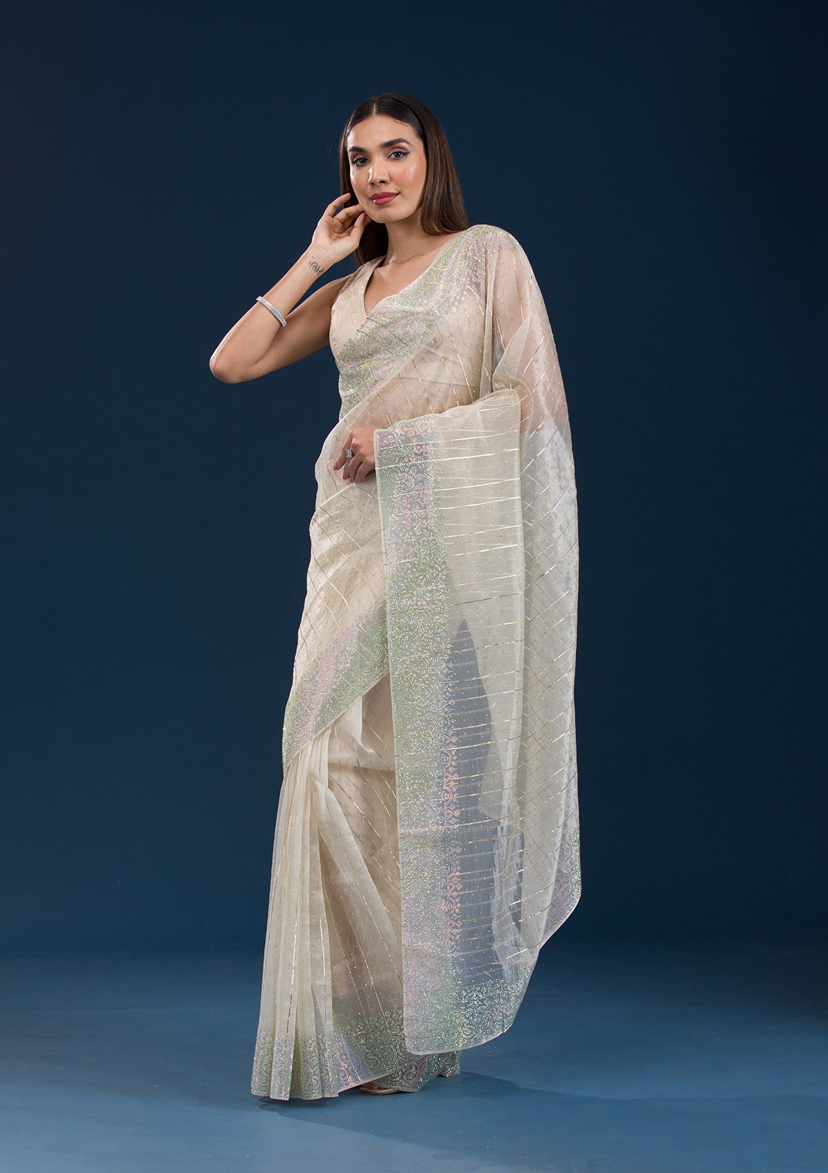 Beige Stonework Tissue Saree