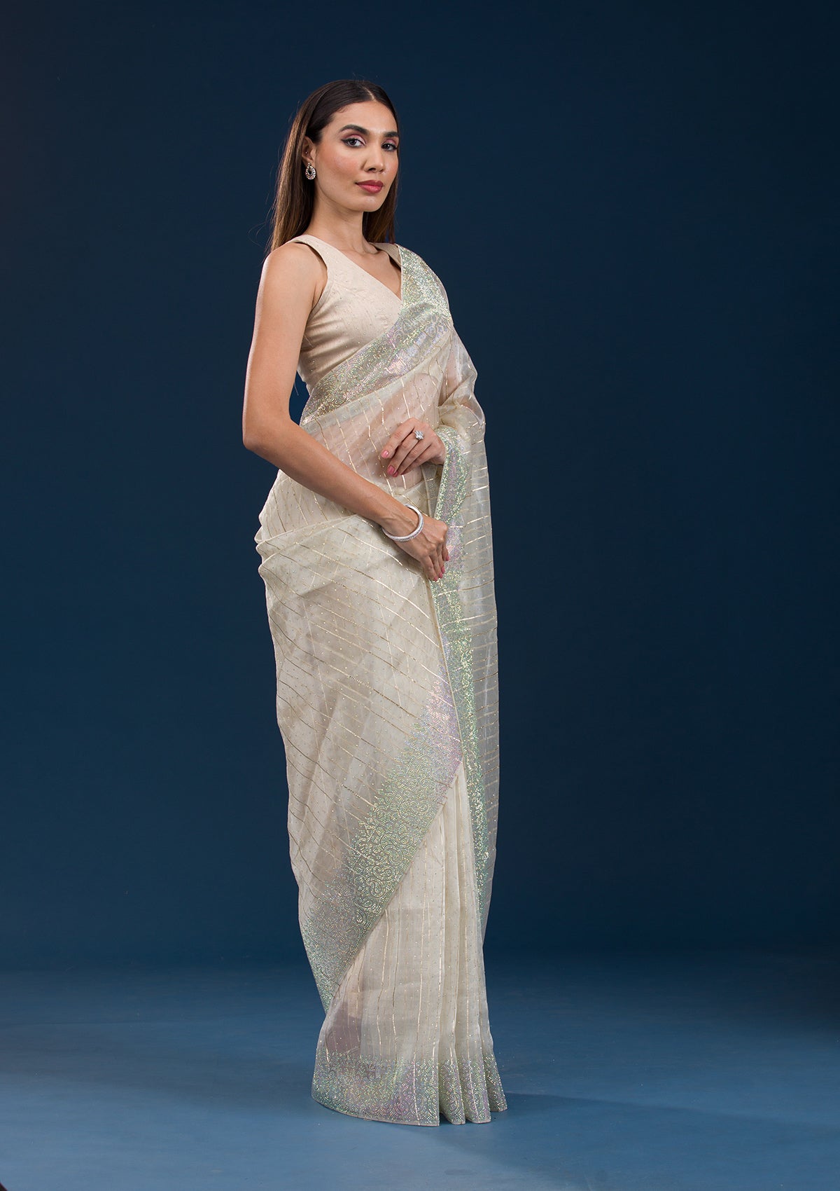 Beige Stonework Tissue Saree