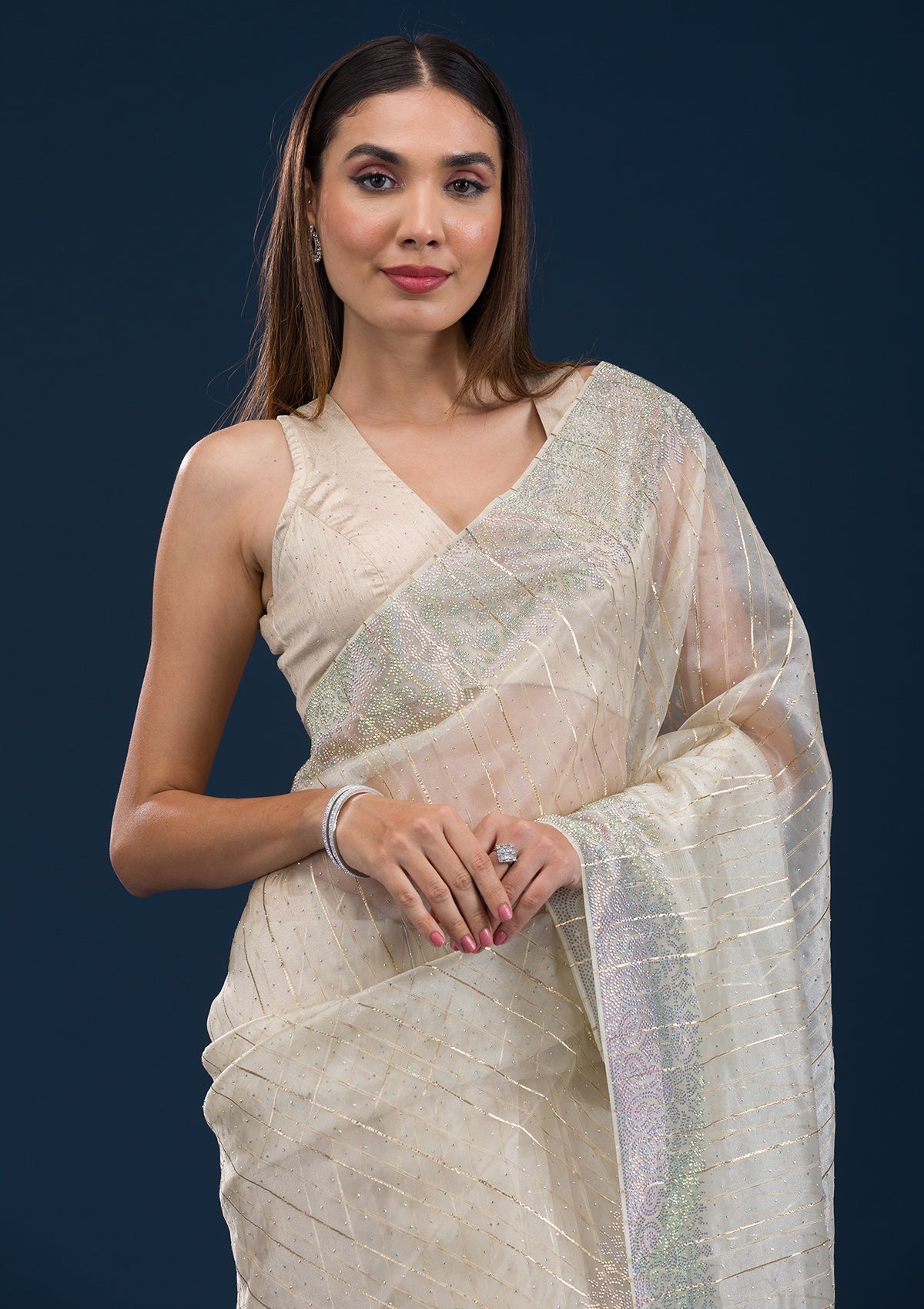 Beige Stonework Tissue Saree