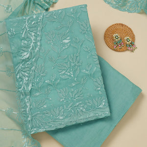 Sky Blue Threadwork Organza Unstitched Salwar Suit