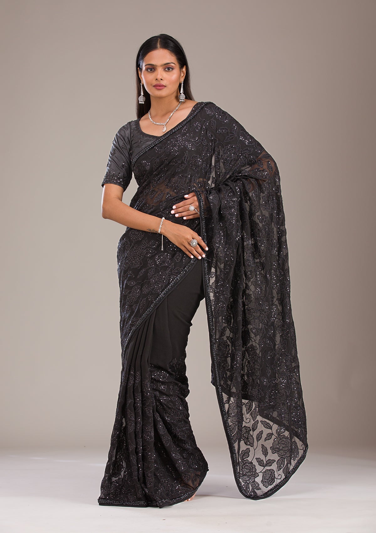 Black Cutdana Tissue Saree