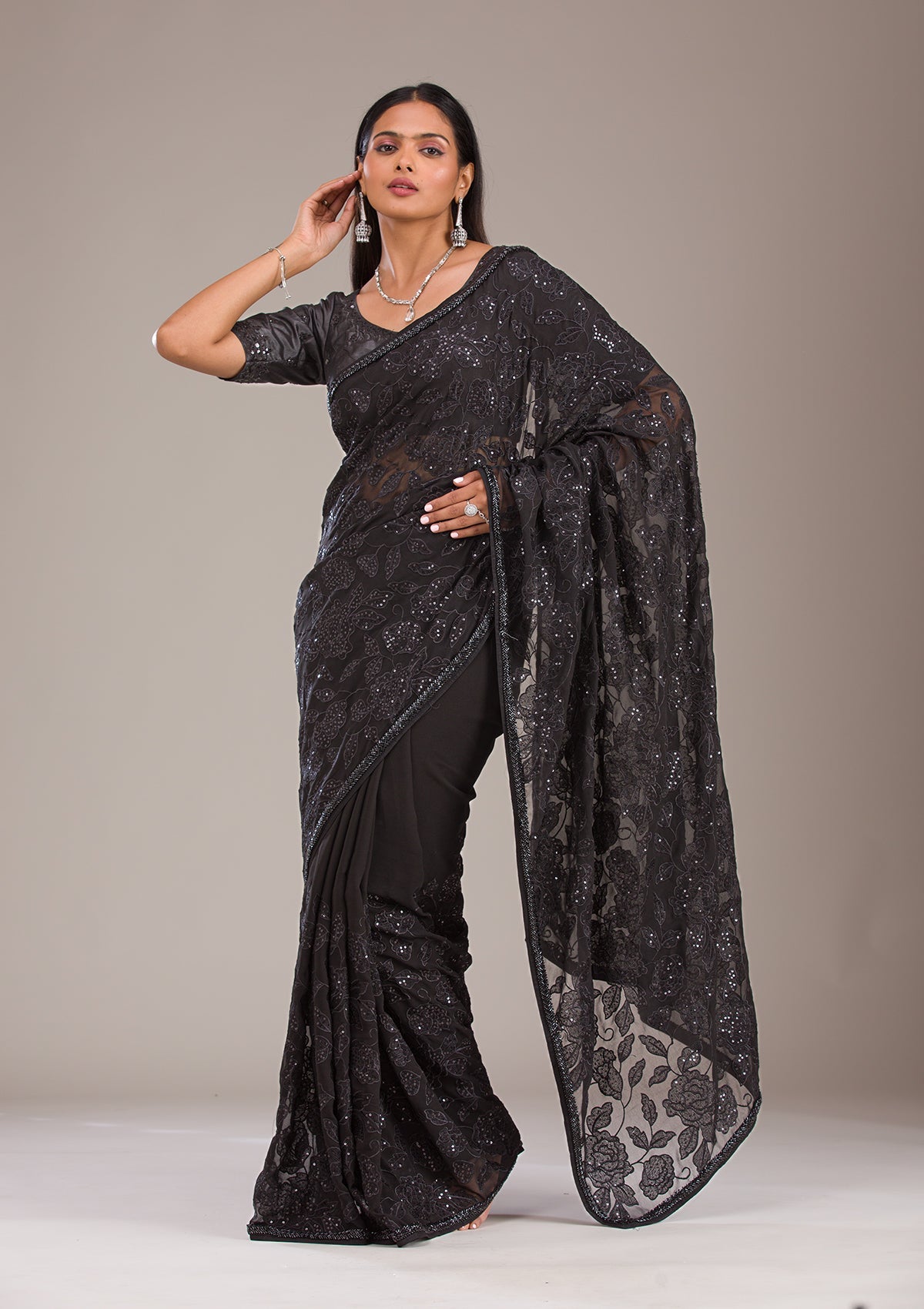 Black Cutdana Tissue Saree