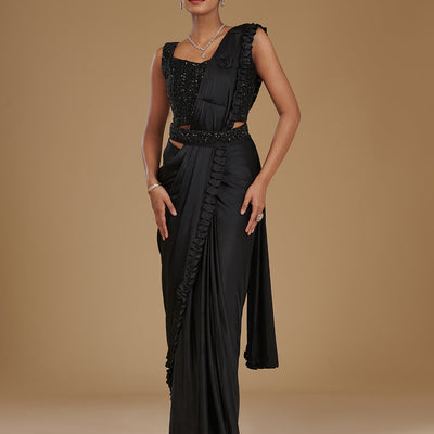 Black Stonework Satin Readymade Saree