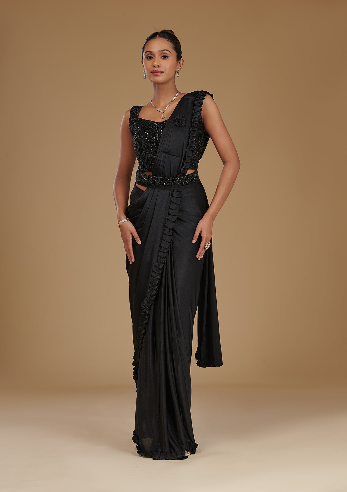 Black Stonework Satin Readymade Saree