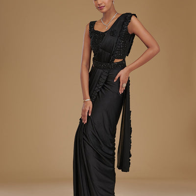 Black Stonework Satin Readymade Saree