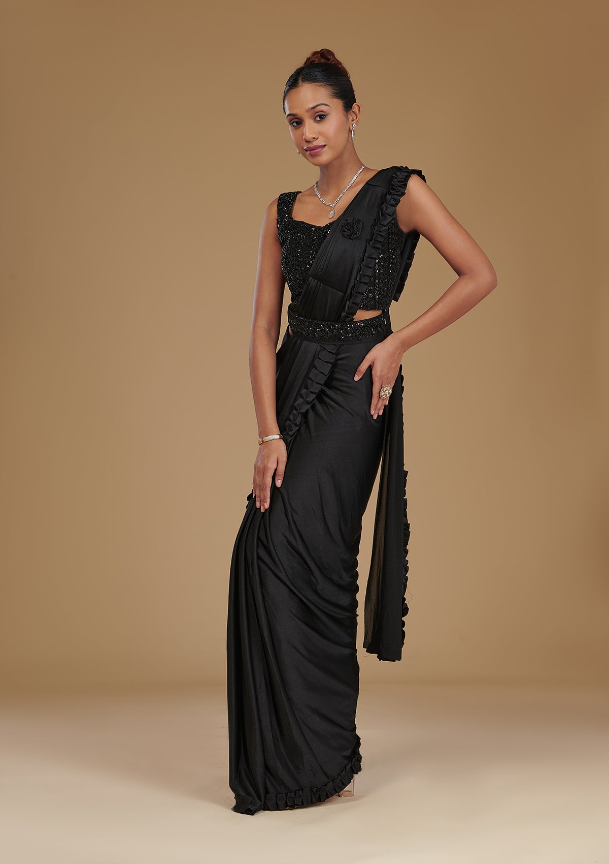 Black Stonework Satin Readymade Saree