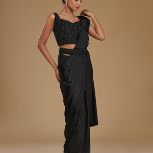 Black Stonework Satin Readymade Saree