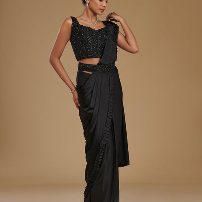 Black Stonework Satin Readymade Saree