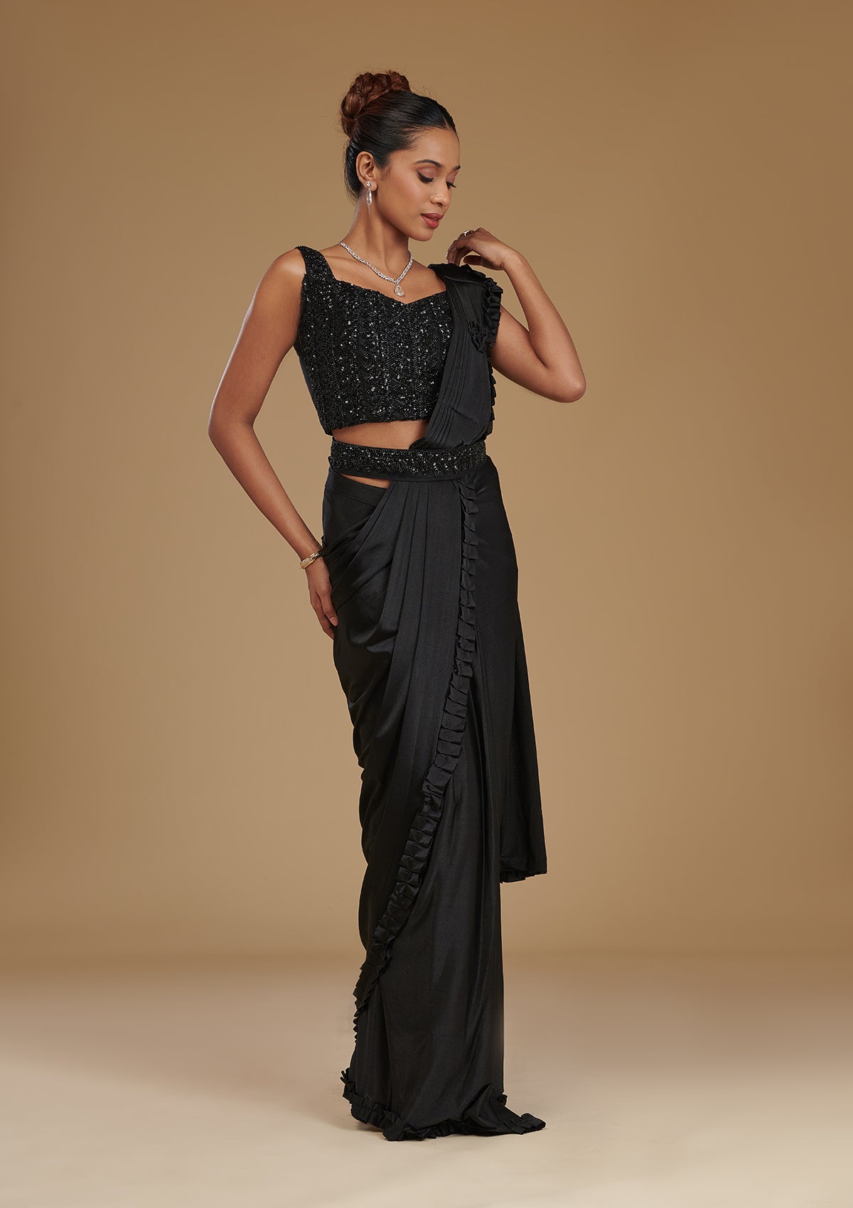 Black Stonework Satin Readymade Saree