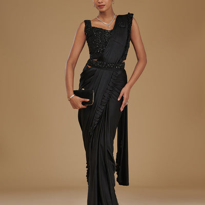 Black Stonework Satin Readymade Saree