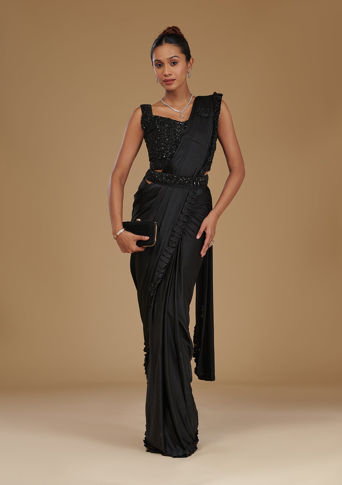 Black Stonework Satin Readymade Saree