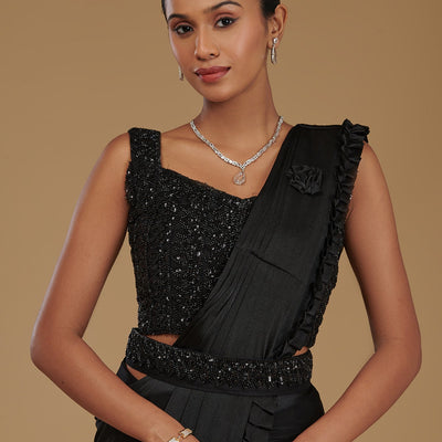 Black Stonework Satin Readymade Saree