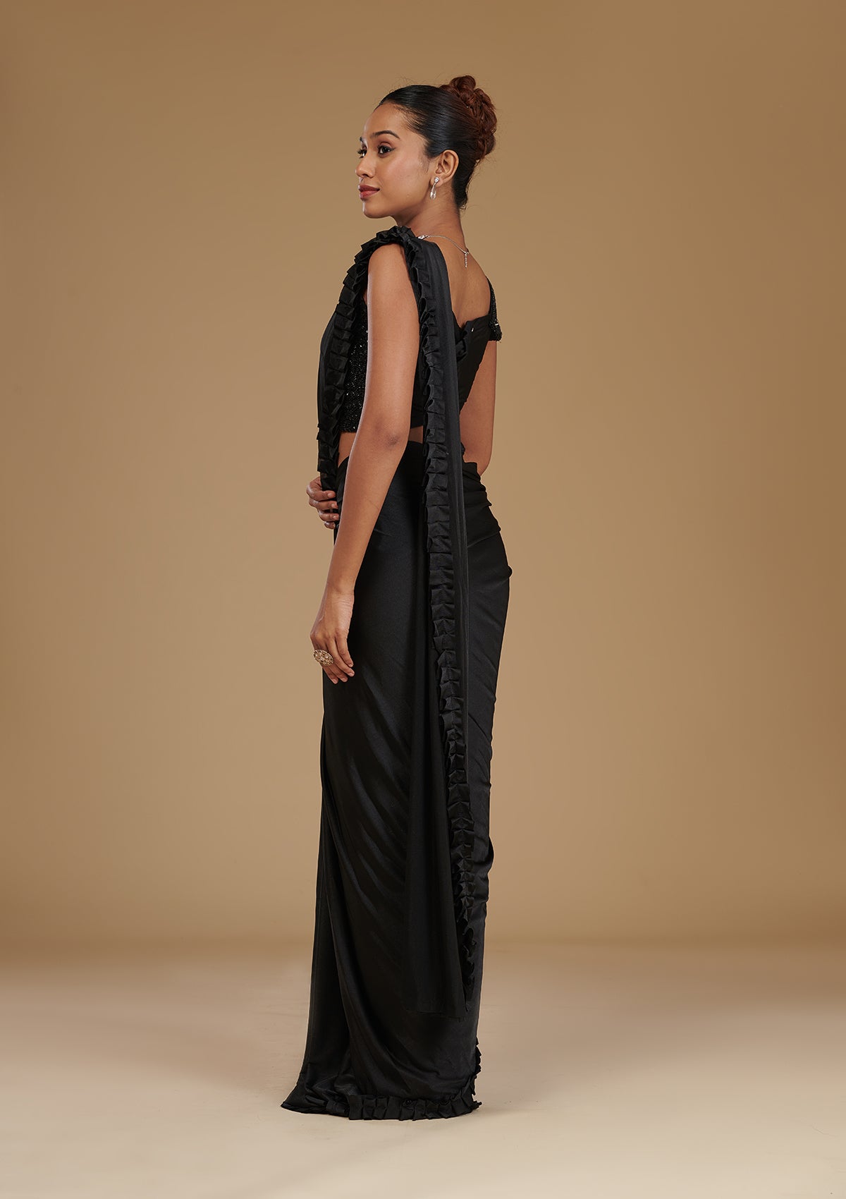 Black Stonework Satin Readymade Saree