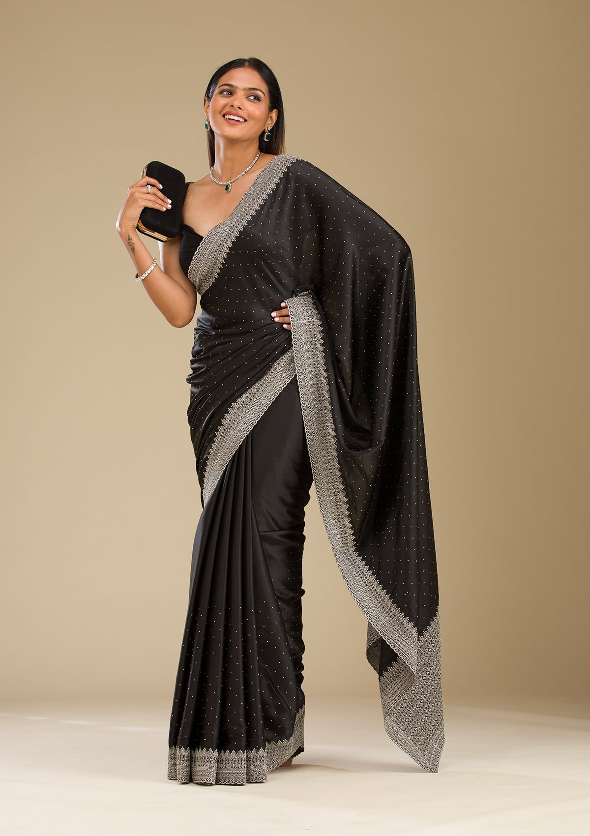 Black Stonework Satin Saree