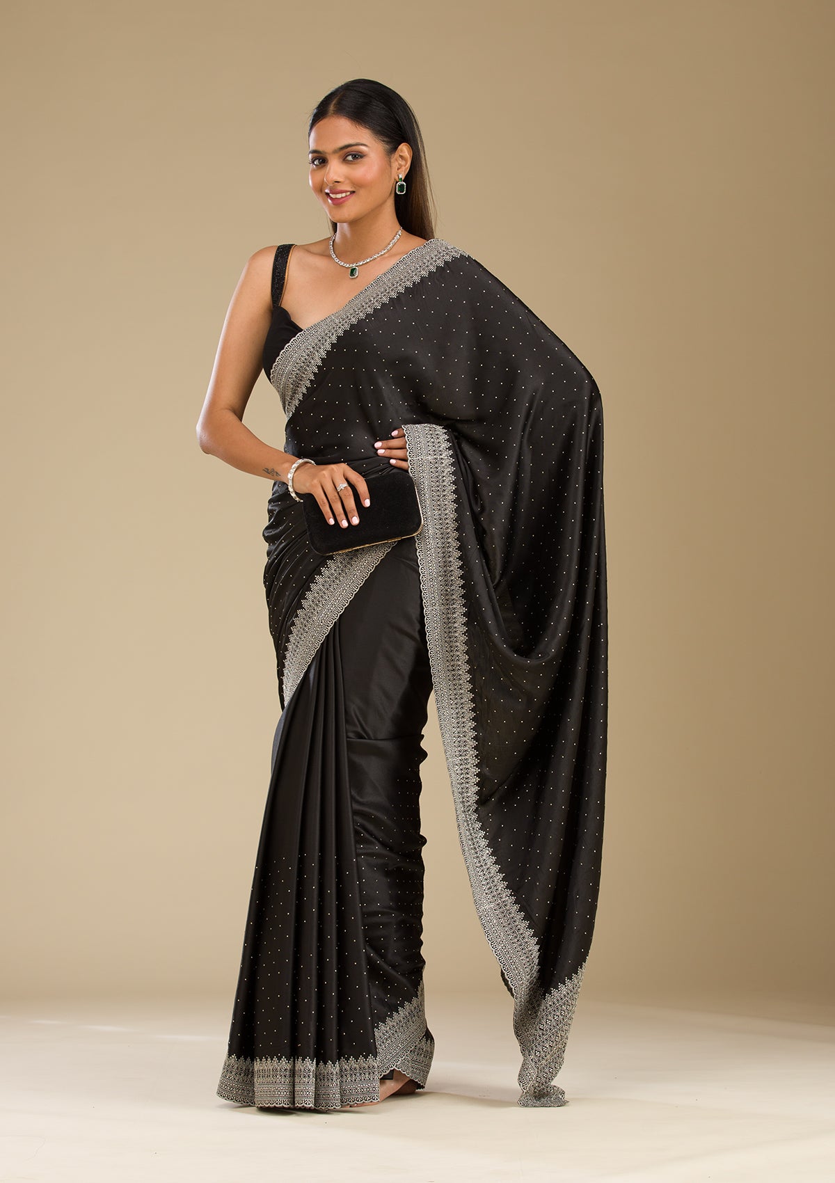 Black Stonework Satin Saree