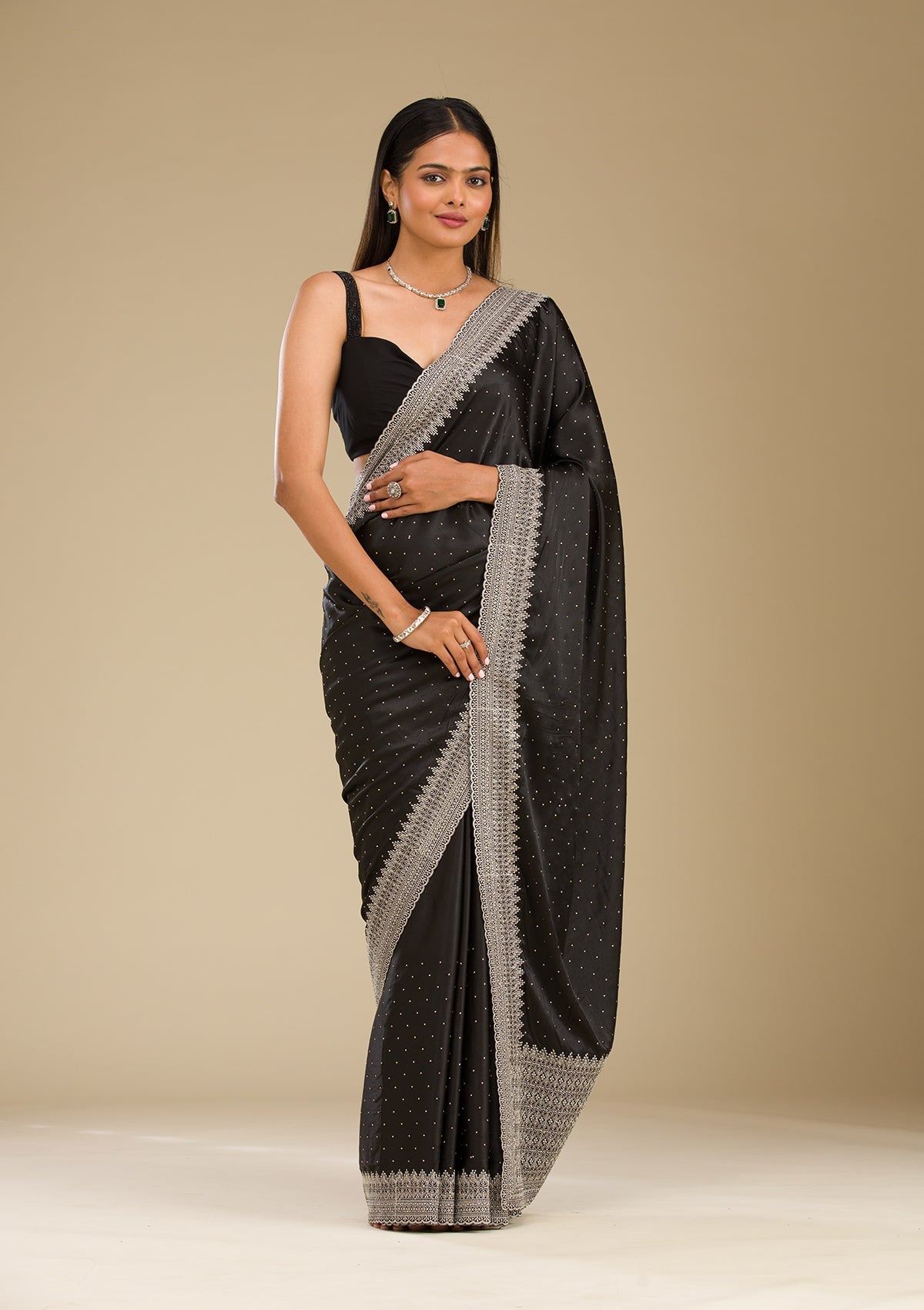 Black Stonework Satin Saree