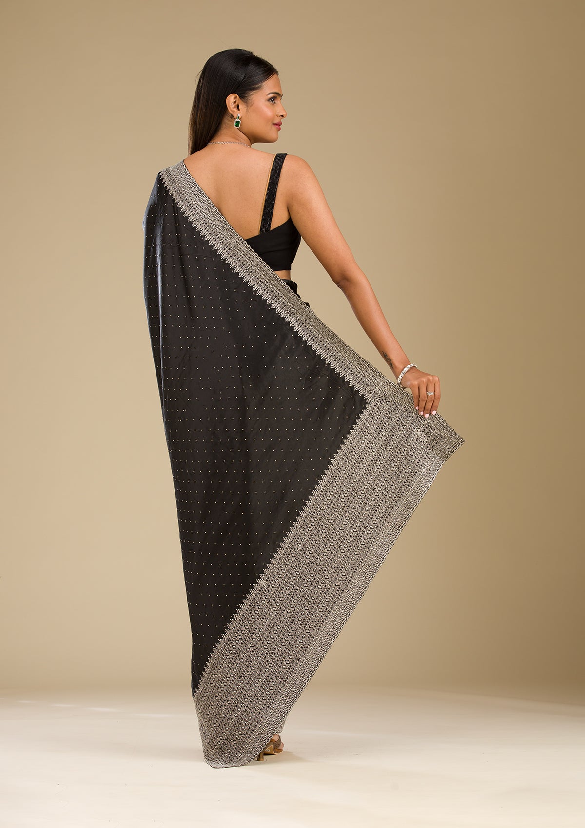 Black Stonework Satin Saree