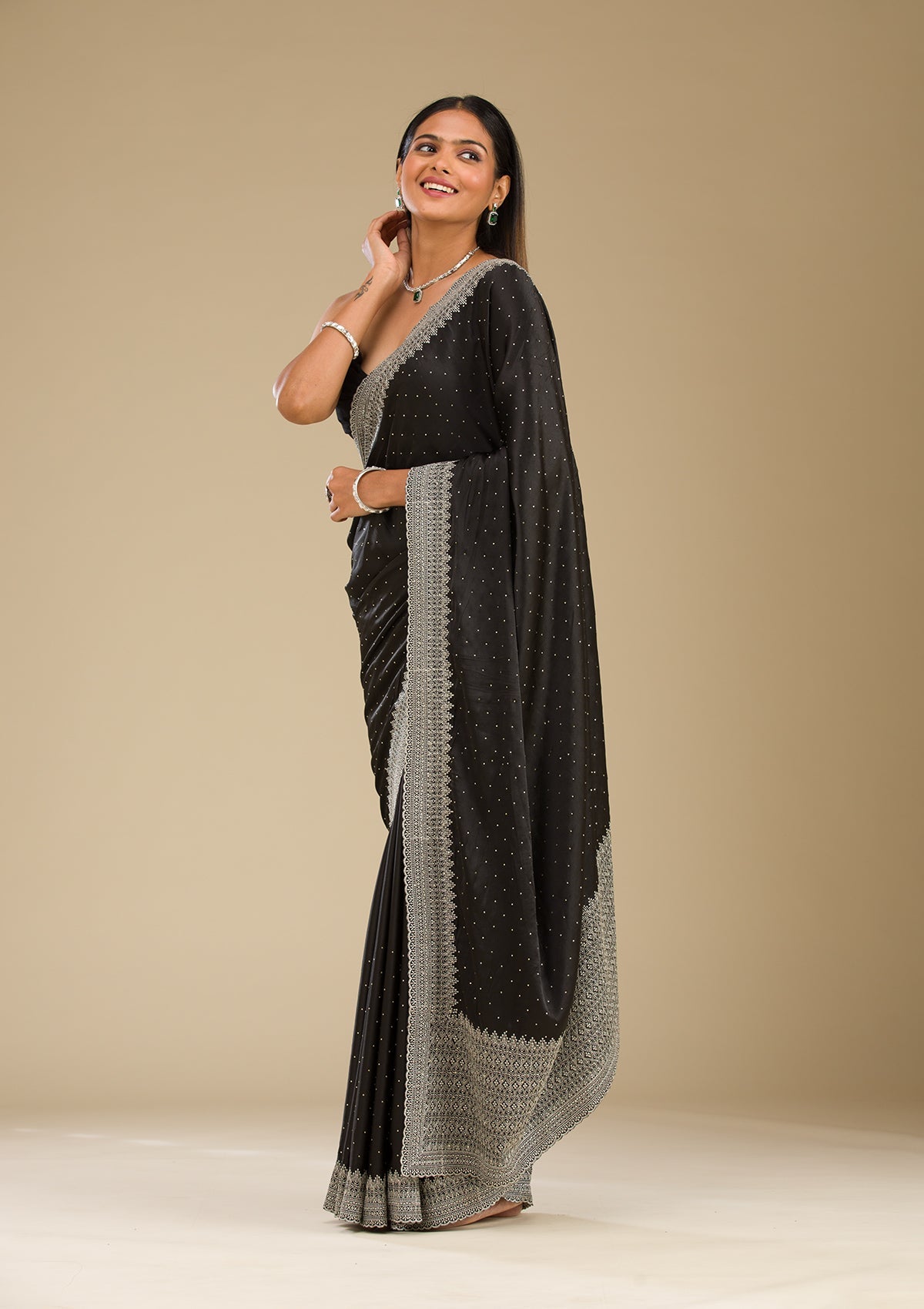 Black Stonework Satin Saree