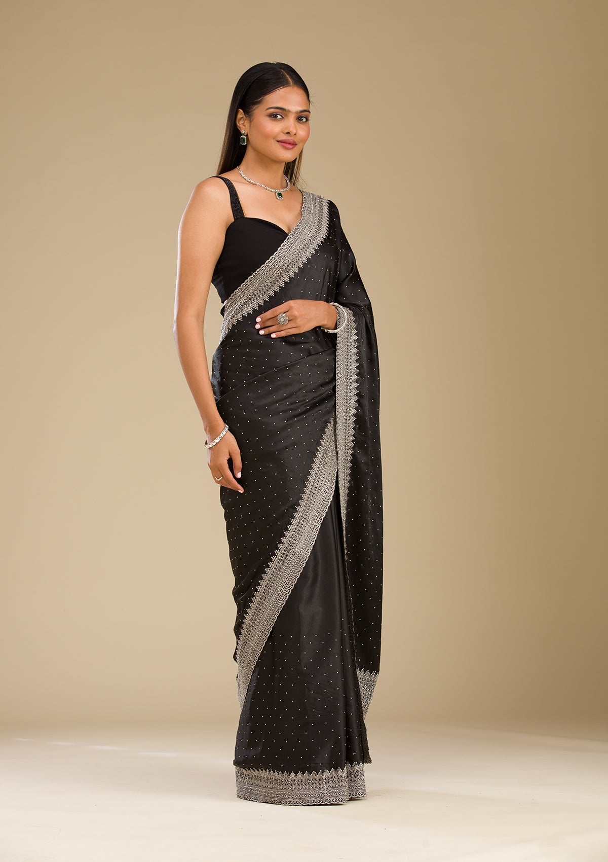 Black Stonework Satin Saree