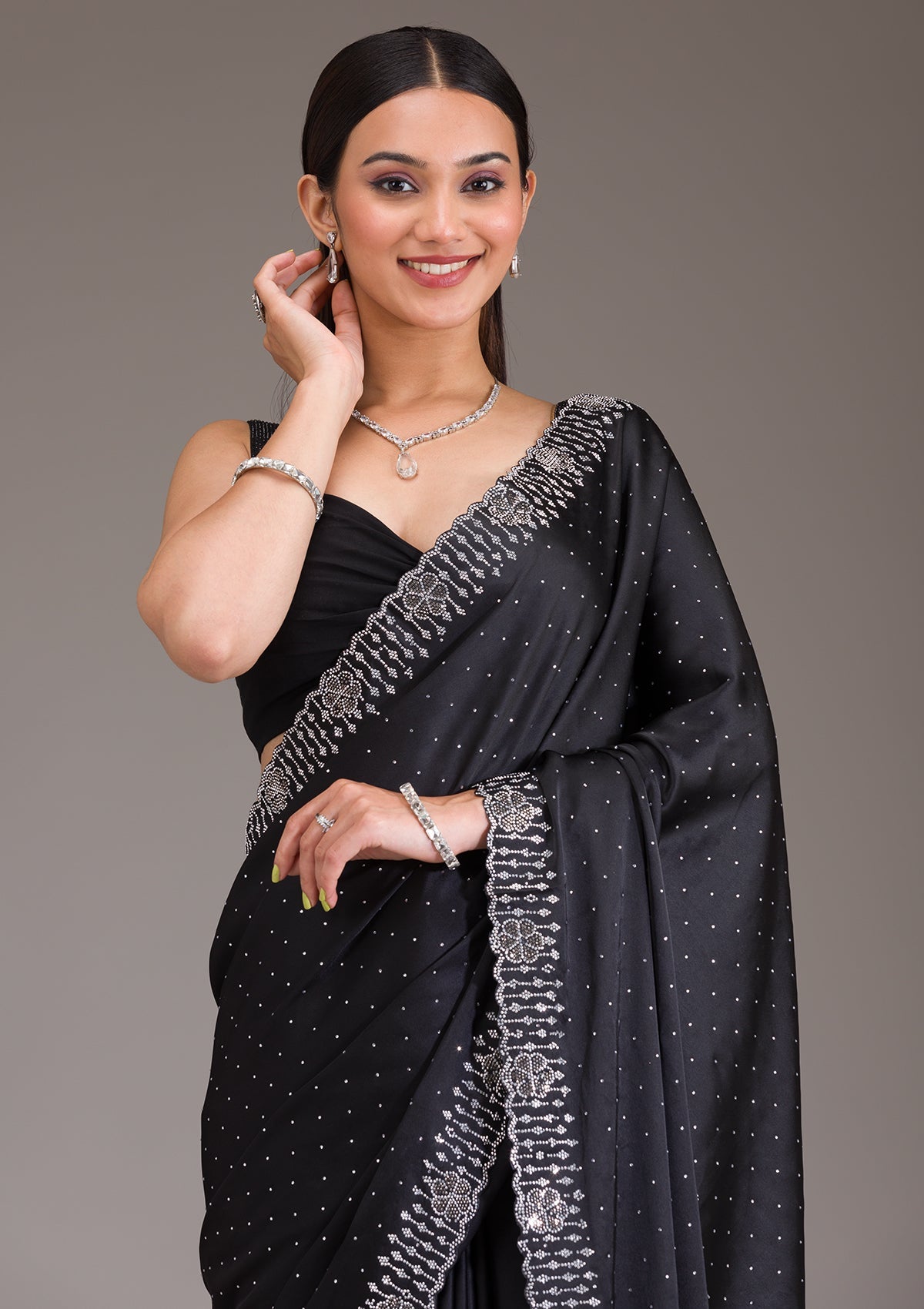Black Swarovski Satin Saree