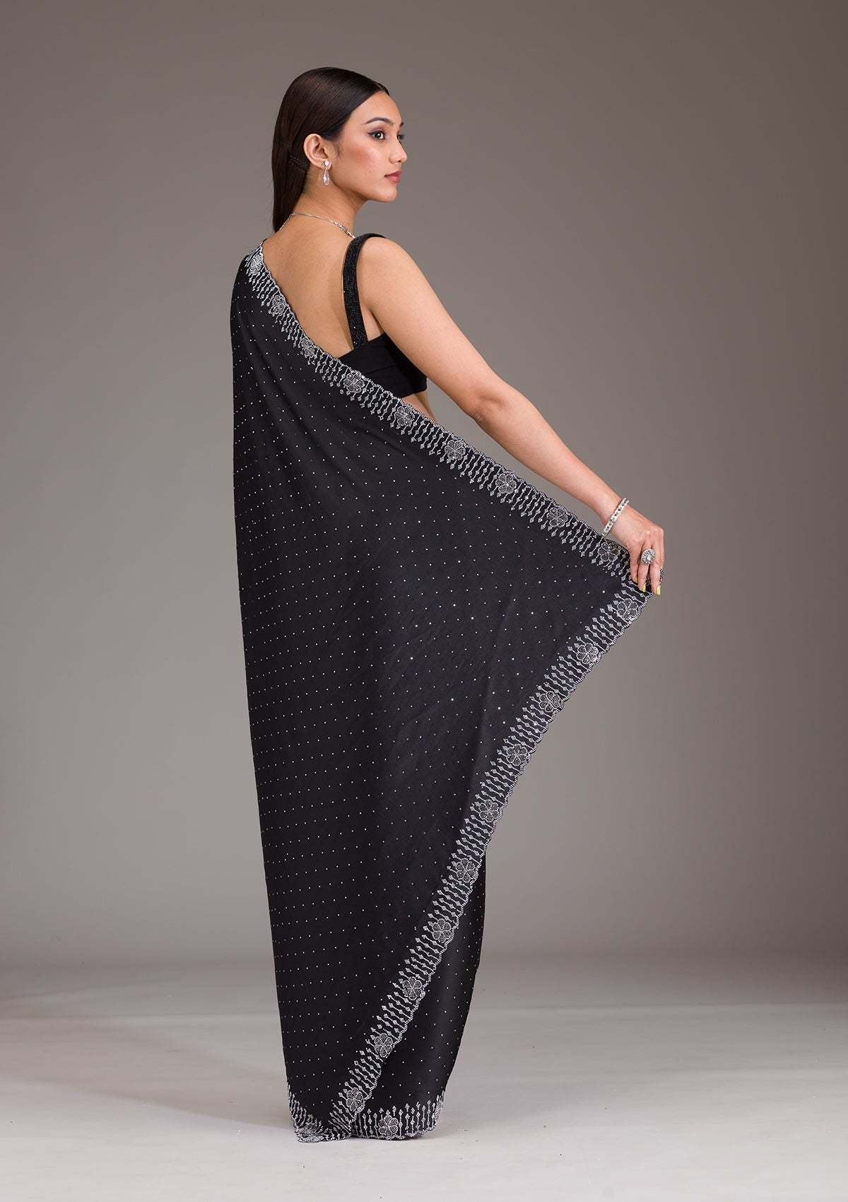 Black Swarovski Satin Saree