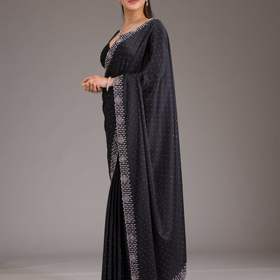 Black Swarovski Satin Saree