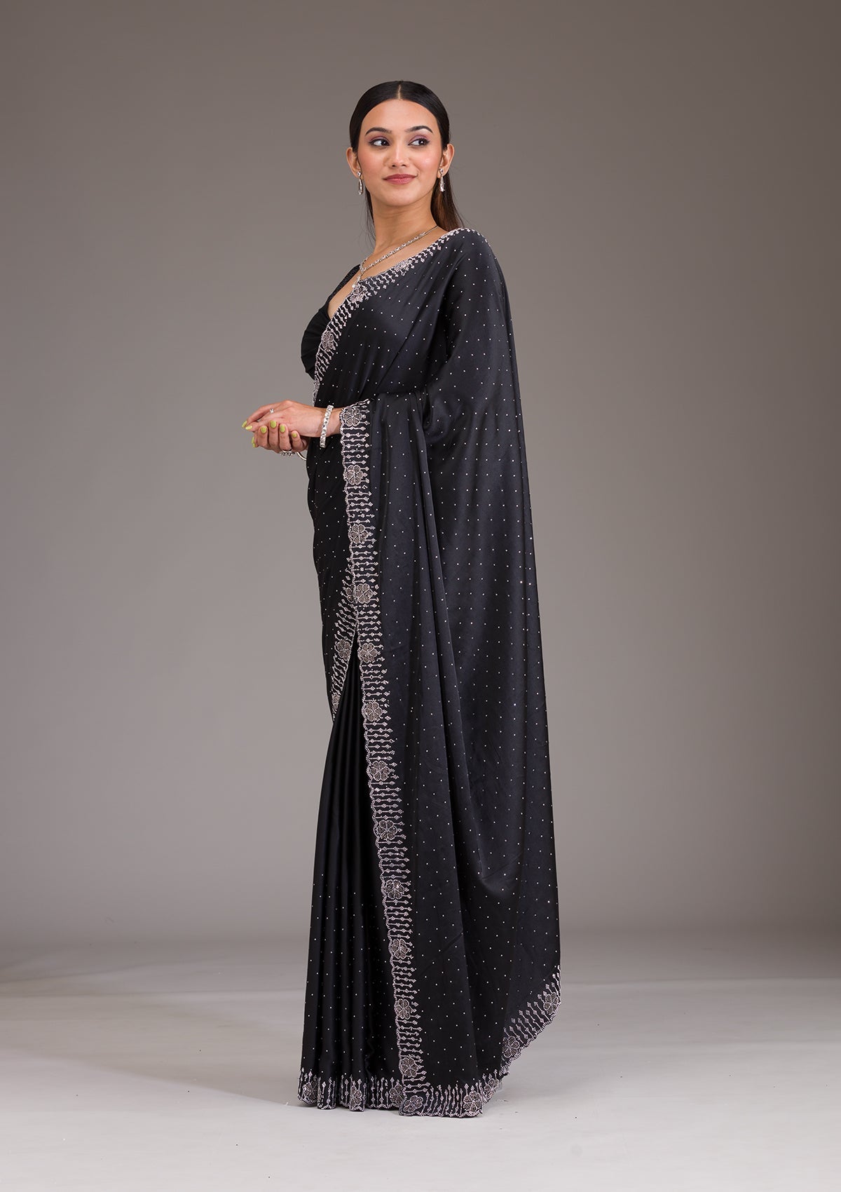 Black Swarovski Satin Saree