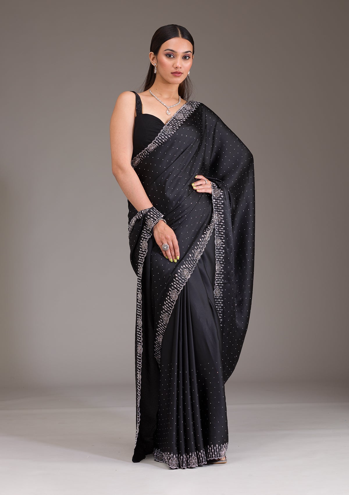 Black Swarovski Satin Saree