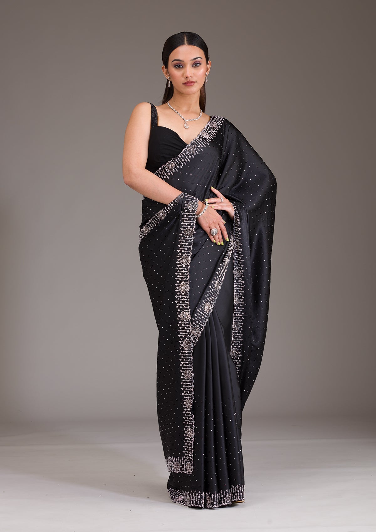 Black Swarovski Satin Saree