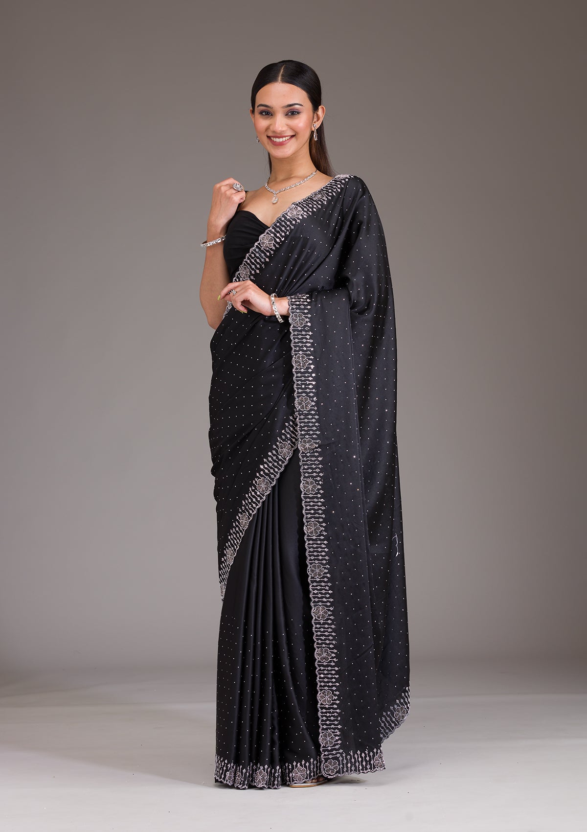 Black Swarovski Satin Saree