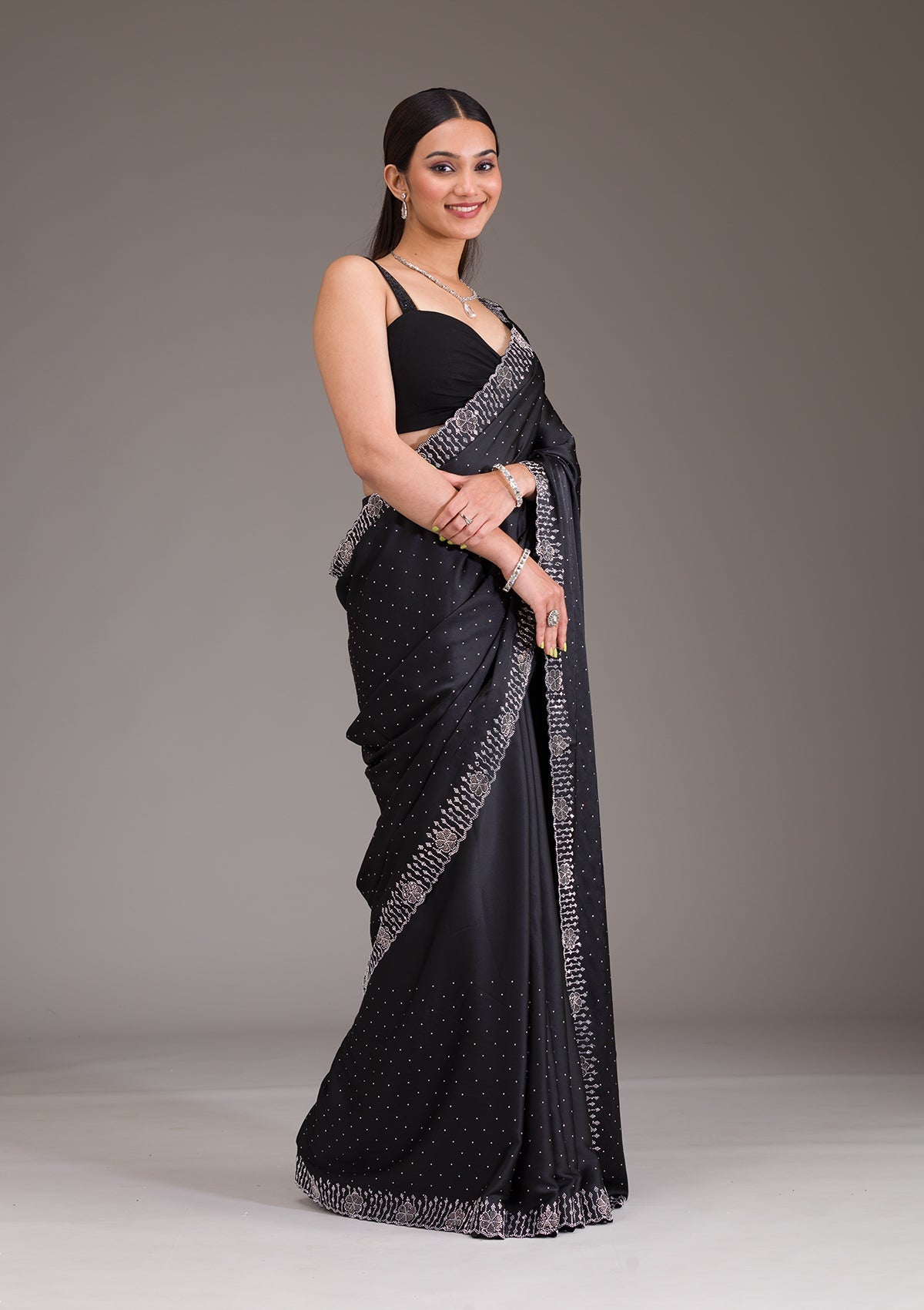 Black Swarovski Satin Saree