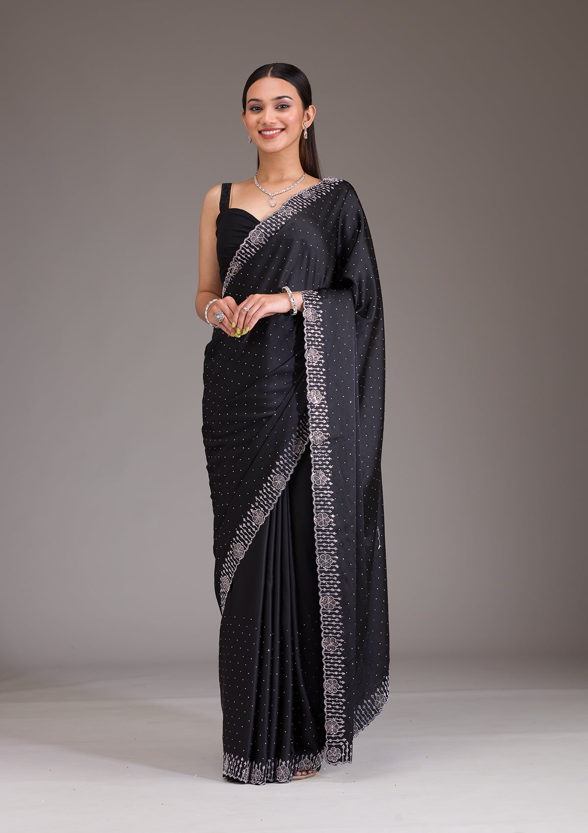 Black Swarovski Satin Saree