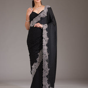 Black Swarovski Satin Saree