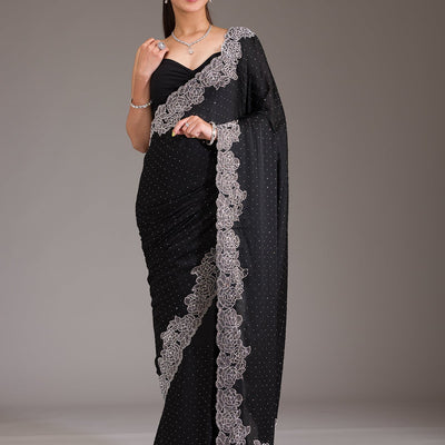Black Swarovski Satin Saree