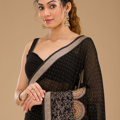 Black Threadwork Georgette Saree