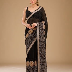 Black Threadwork Georgette Saree