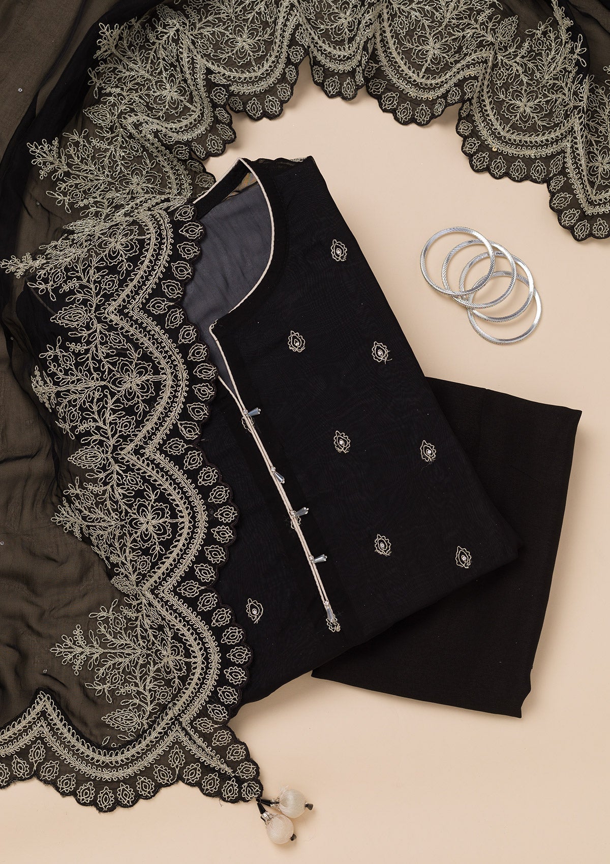 Black Zariwork Semi Crepe Unstitched Salwar Suit